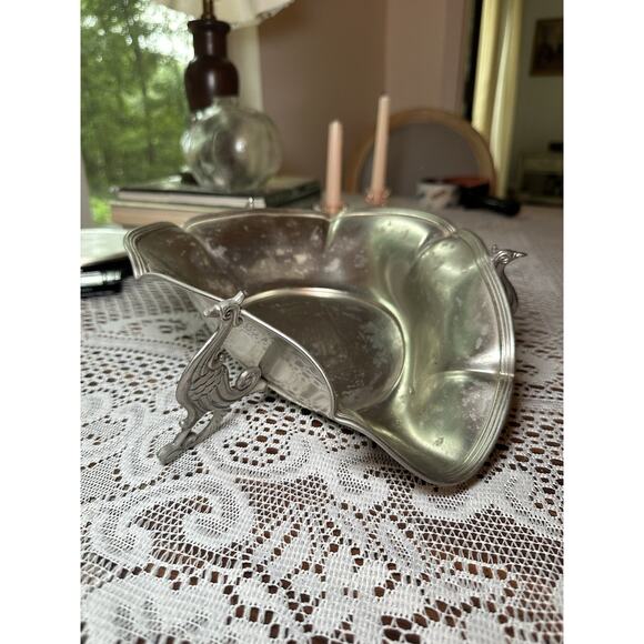 Vintage Royal Holland Pewter 3 Footed Dish Bowl Made in Holland Birds Peacocks - Picture 1 of 11